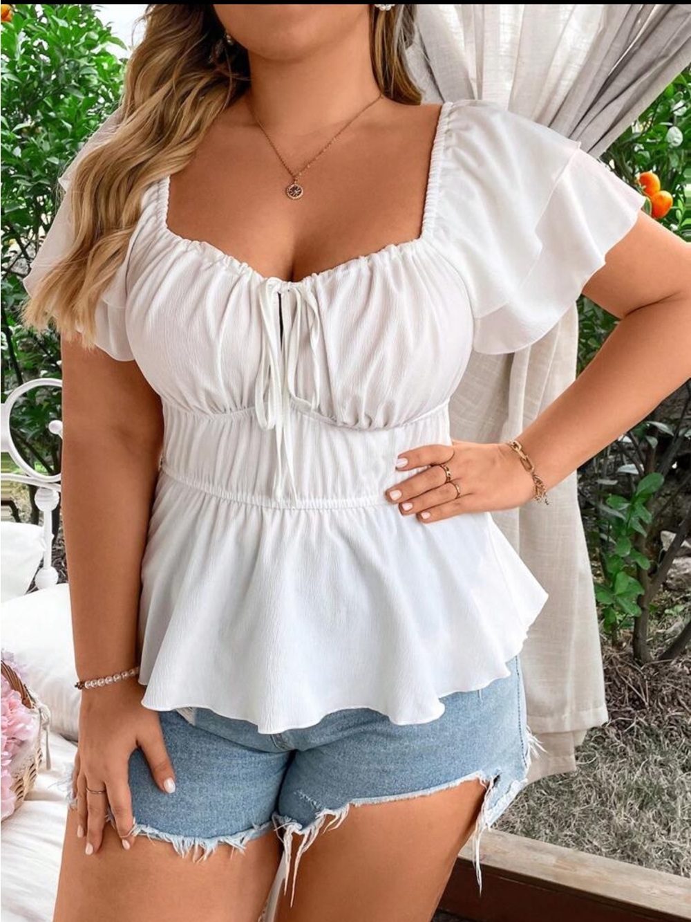 White Women's Peplum Tie-Front Top Size 1X